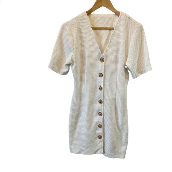 White Waffle Short Sleeve Gold Button V Neck Mini Dress - Picture 1 of 7